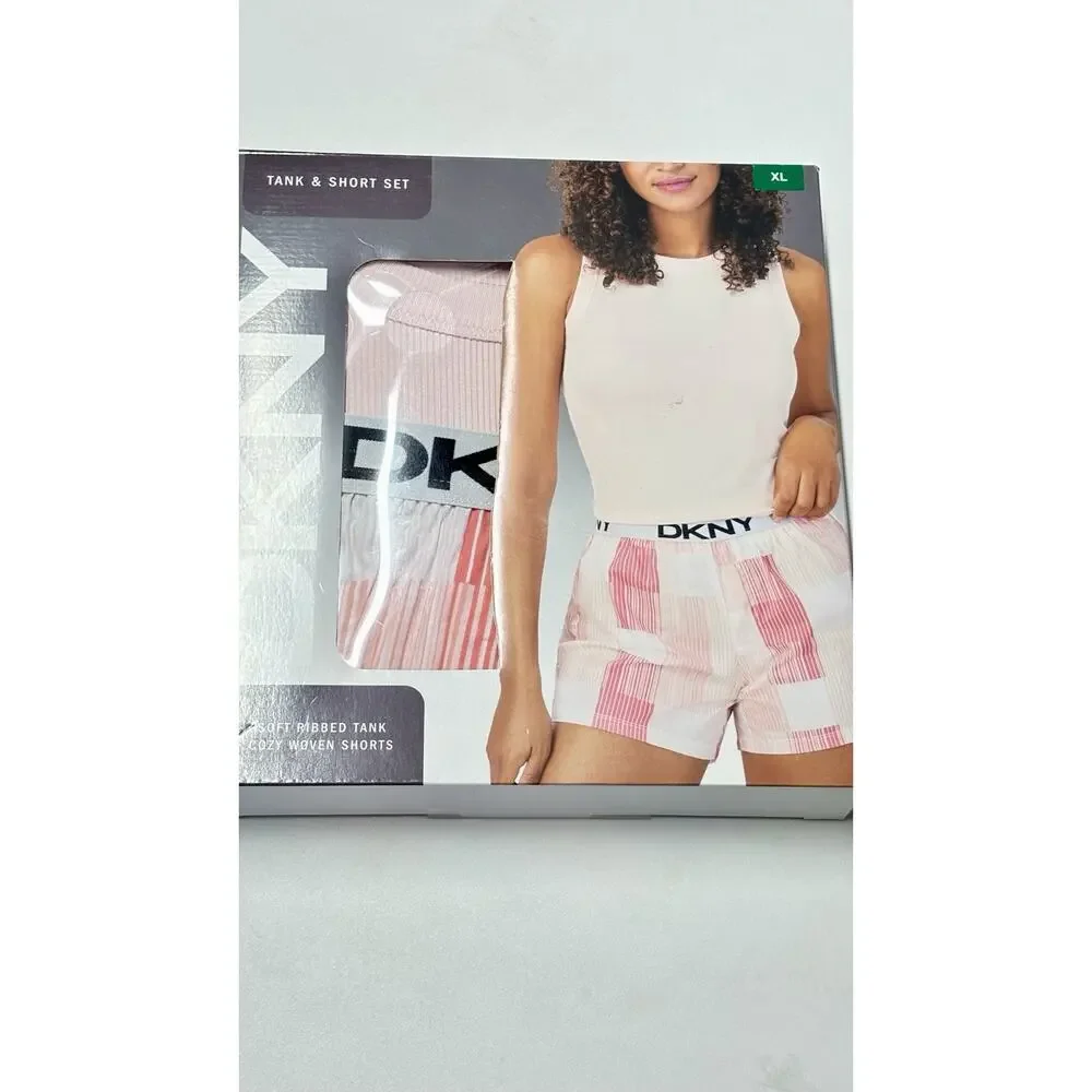 DKNY Women's Ribbed Tank Woven Short Set Loungewear XL Pink NIB - Picture 4 of 5